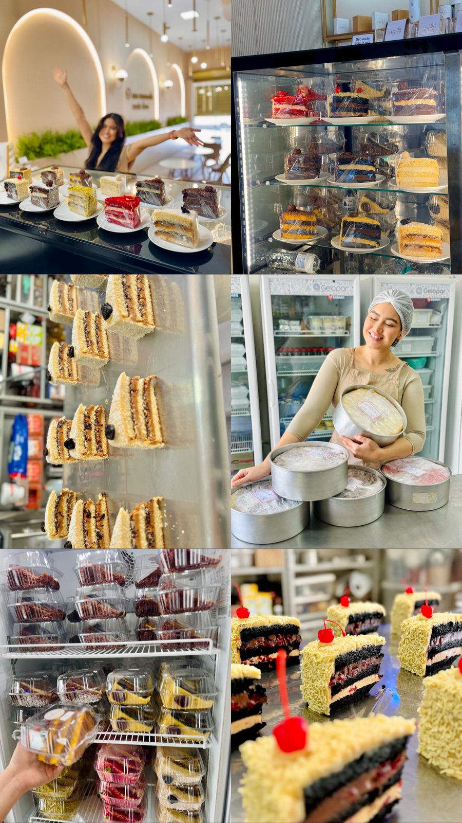 Millena na confeitaria com variedade de fatias